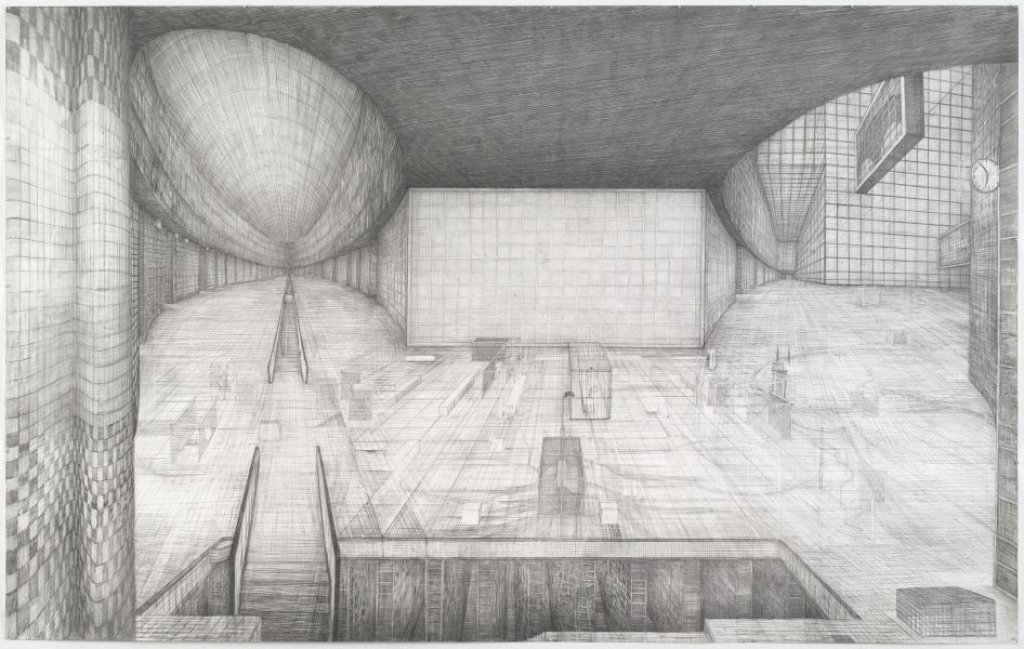 Robbie Cornelissen, De Wachtkammer (Die Wartehalle), 2004, Graphit auf Papier, 240 x 360 cm, Foto: Peter Cox